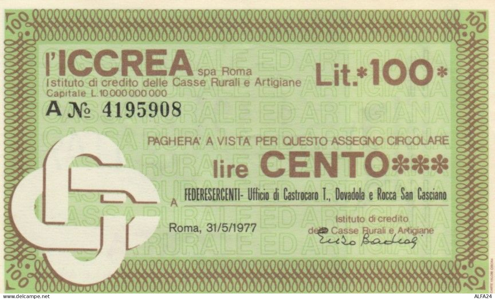 MINIASSEGNO FDS ICCREA L.100 FEDERESERCENTI (YA9 - [10] Assegni E Miniassegni