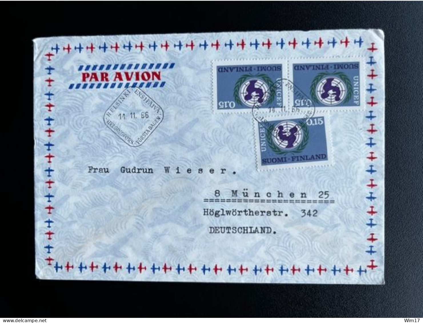 FINLAND SUOMI 1966 AIR MAIL LETTER HELSINKI TO MUNCHEN 14-11-1966 UNICEF - Covers & Documents