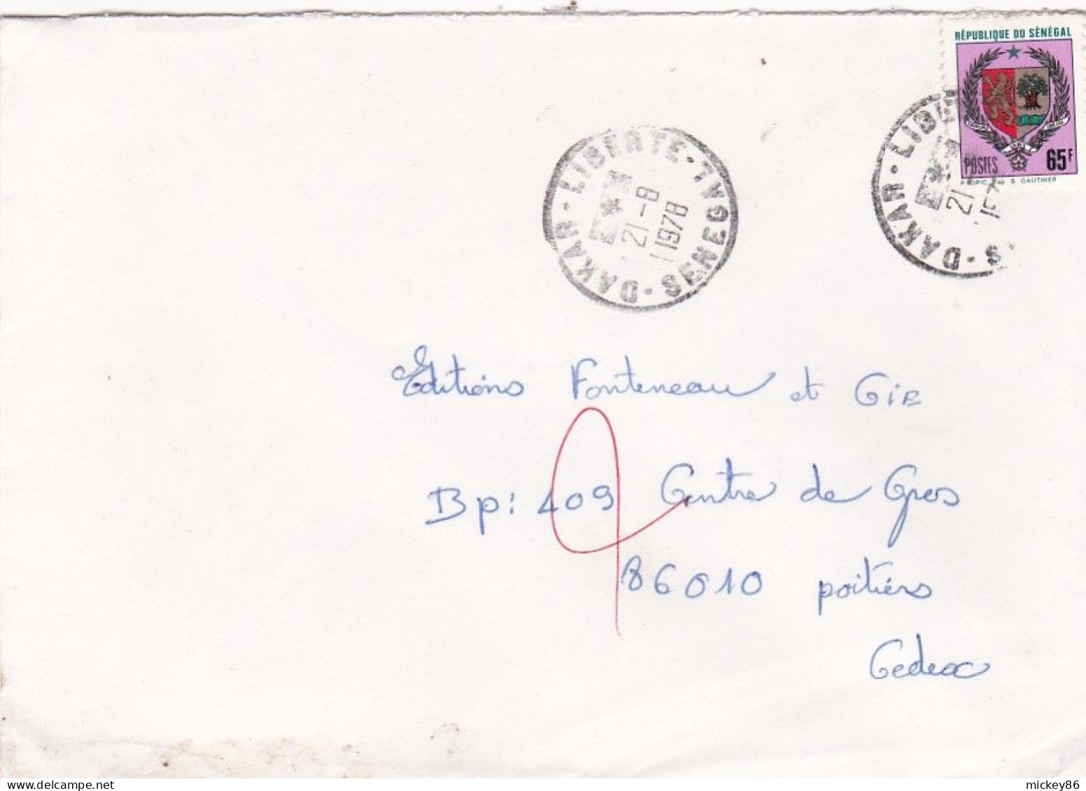 SENEGAL--1978 - Lettre DAKAR LIBERTE   Pour POITIERS-86 (France) ..timbre Blason  Seul  Sur Lettre...cachet - Sénégal (1960-...)