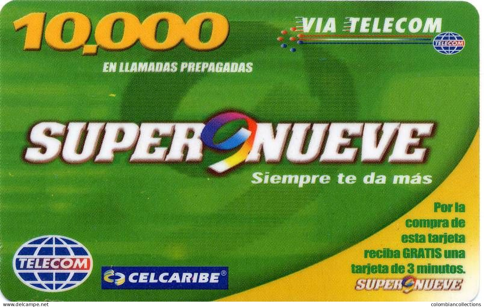 Lote TT249, Colombia, Tarjetas Telefonicas, Phone Cards, Super Nueve, 10.000, Mint - Colombia