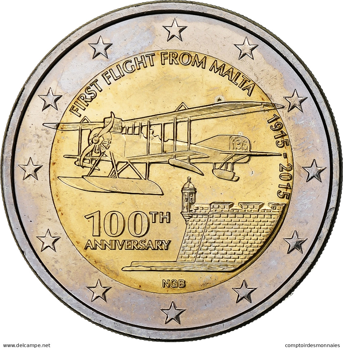 Malte, 2 Euro, 100ème Anniversaire Du 1er Vol, 2015, Paris, SPL, Bimétallique - Malta