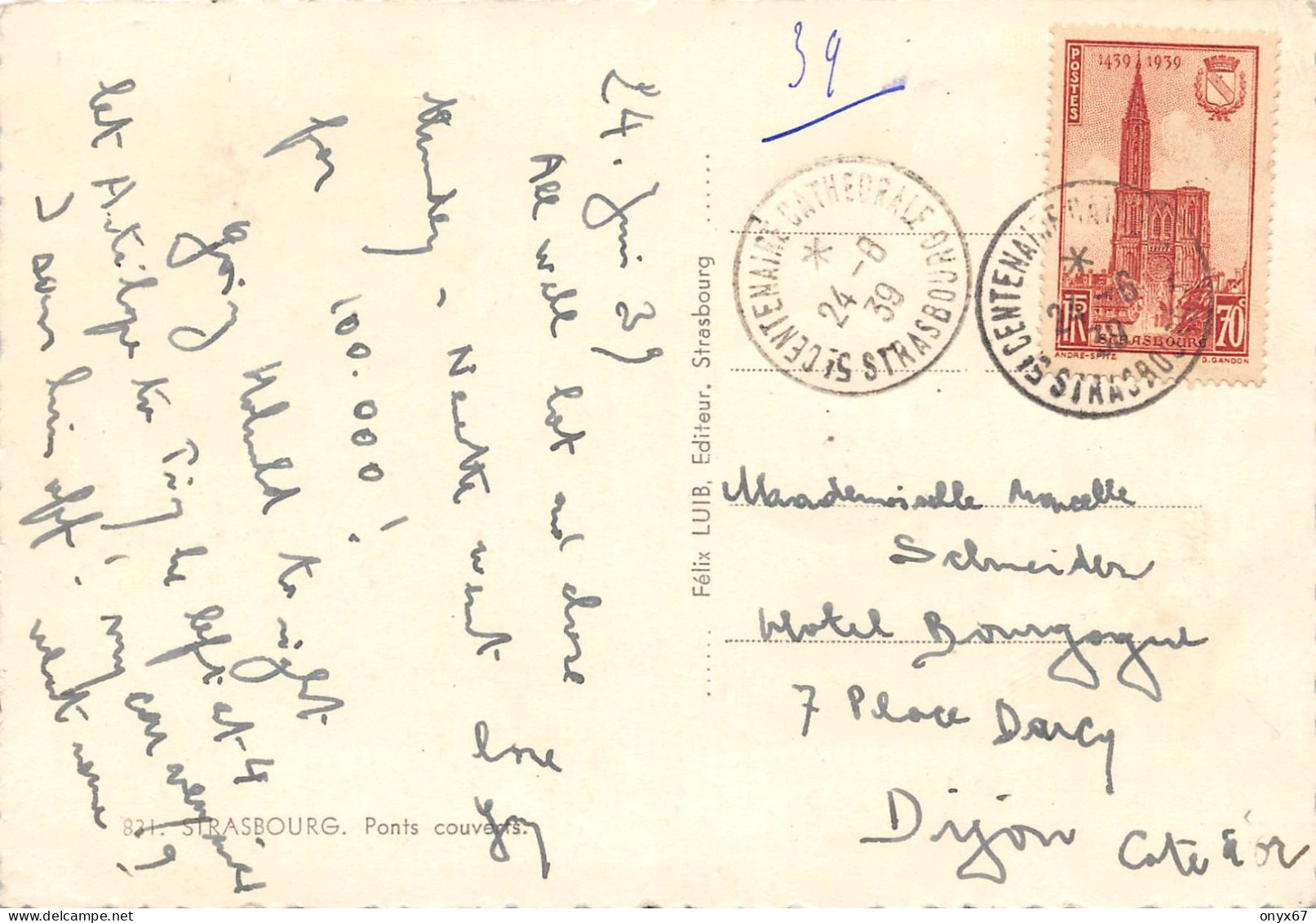 GF-STRASBOURG-STRASSBURG-67-Bas-Rhin-Ponts Couverts-Stamp-Briefmarke-Timbre Centenaire Cathédrale 1939 - Strasbourg