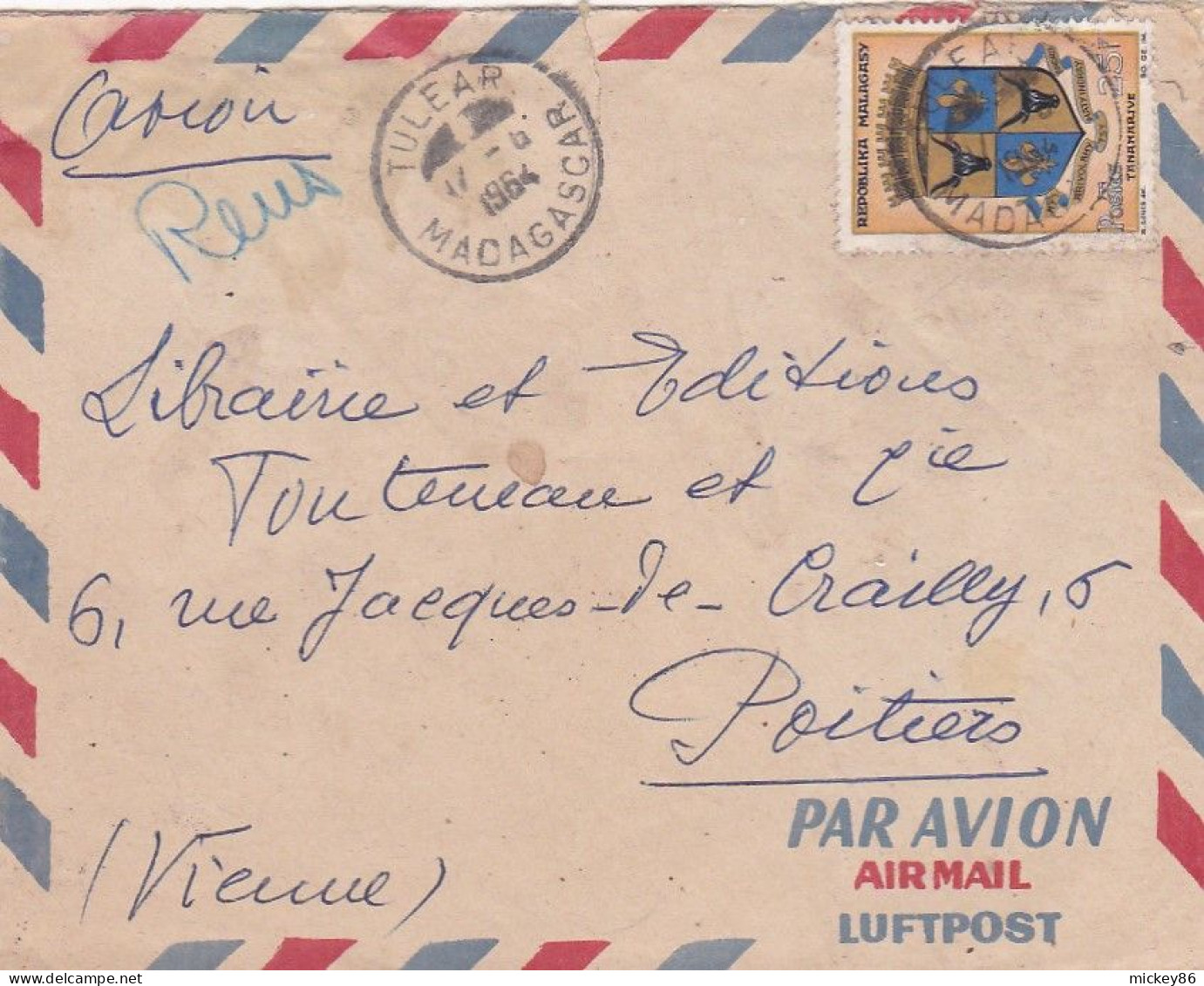 MADAGASCAR--1964-- Lettre De TULEAR  Pour POITIERS-86 (France)....timbre (blason)  Seul Sur Lettre....... - Madagascar (1960-...)