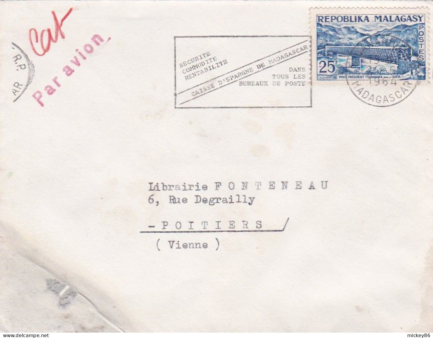 MADAGASCAR--1964-- Lettre De TANANARIVE  Pour POITIERS-86 (France)....timbre (pont)  Seul Sur Lettre....... - Madagascar (1960-...)
