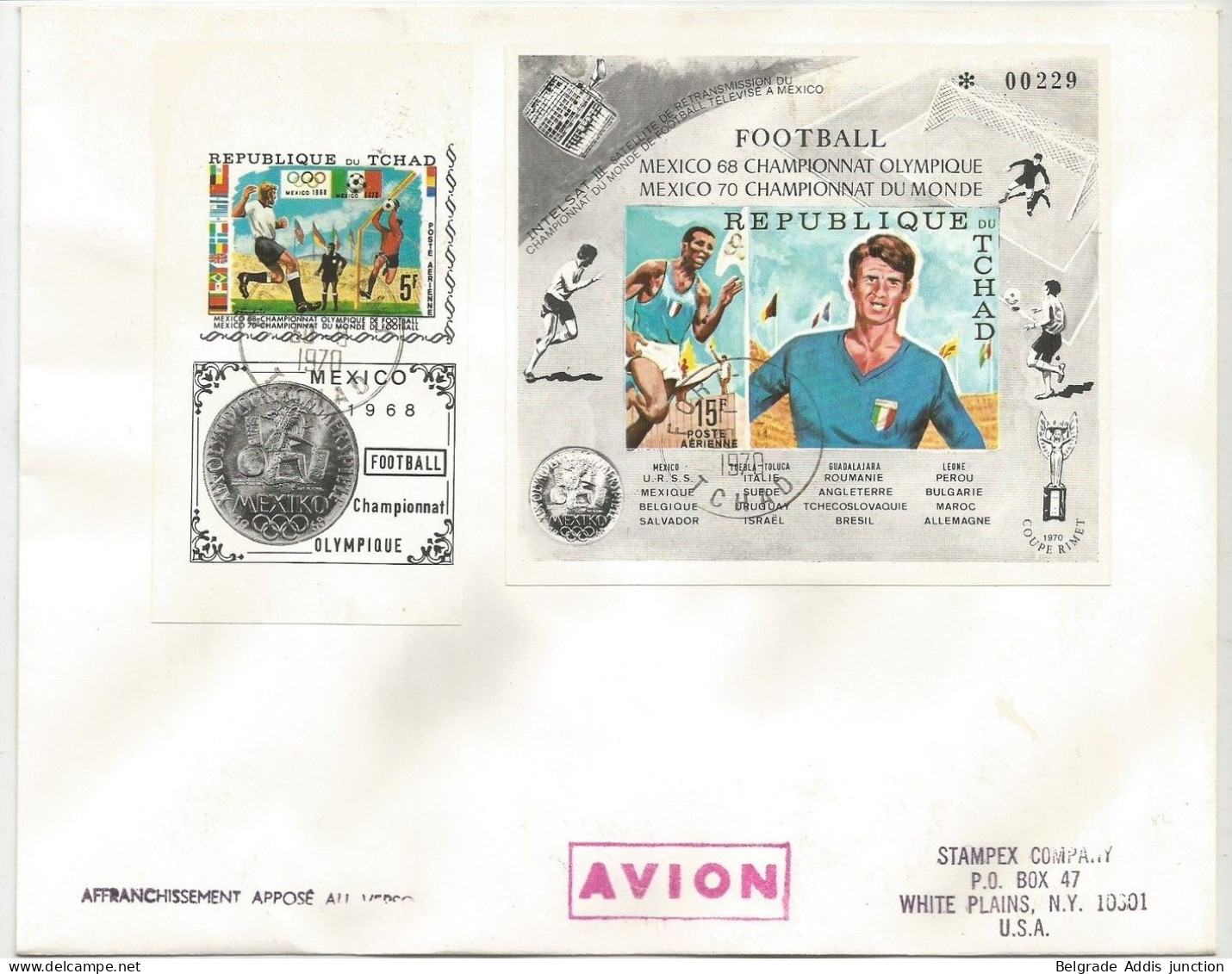 Tchad Tschad Chad Mi.307B + Bl.8B Stamp + Block IMPERFORATED Used On Cover To USA 1970 Olympic Football - 1970 – Mexique