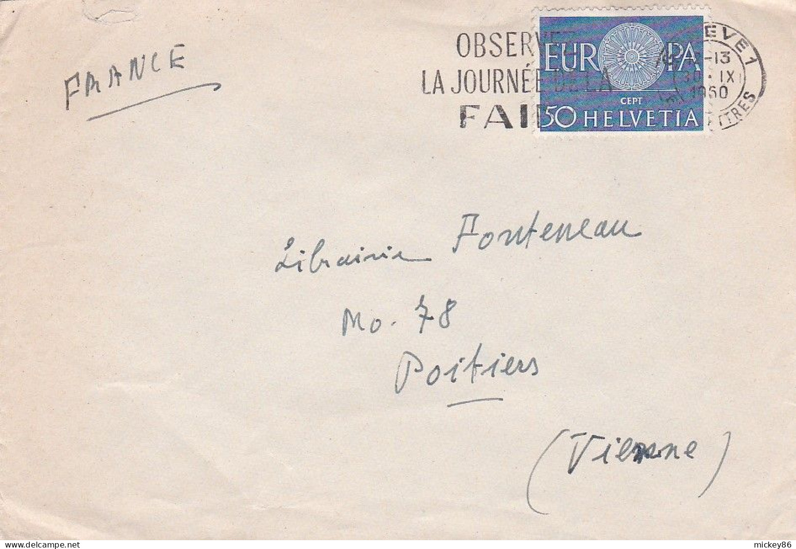 Suisse -1960-- Lettre GENEVE 1  Pour POITIERS-86 (France)....timbre EUROPA  Seul  Sur Lettre....... - Covers & Documents