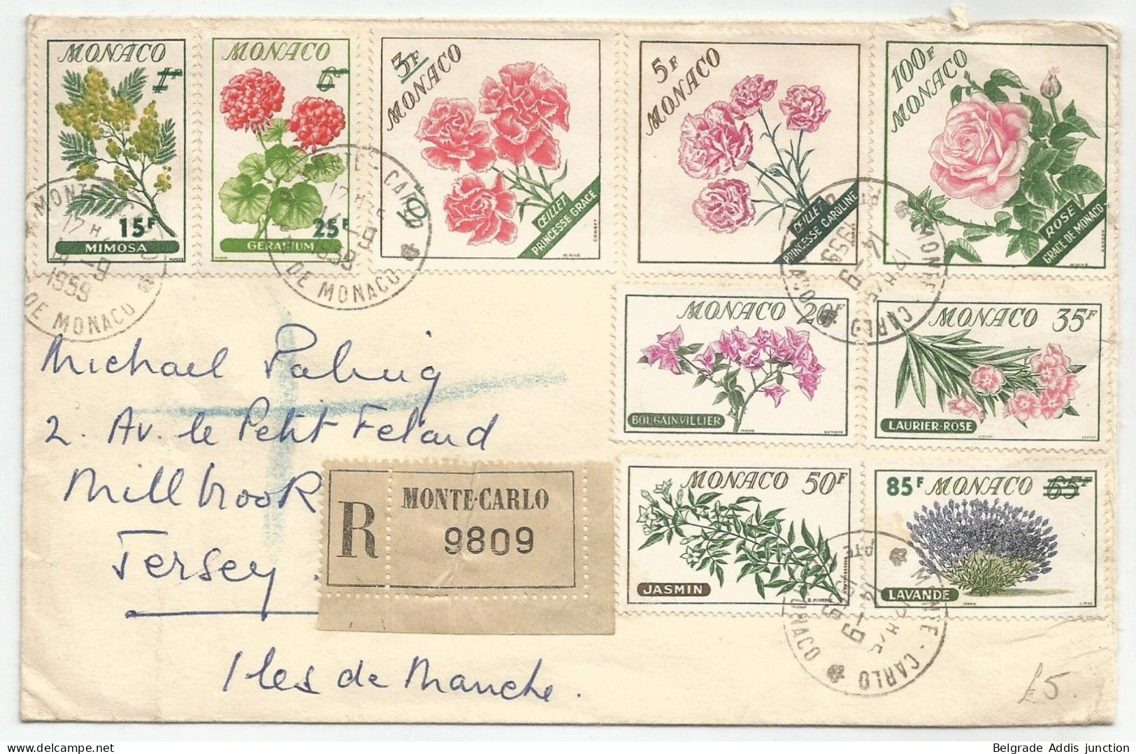 Monaco Yv.514/22 Série Complète Sur Lettre Recommandée 1959 Fleurs - Covers & Documents