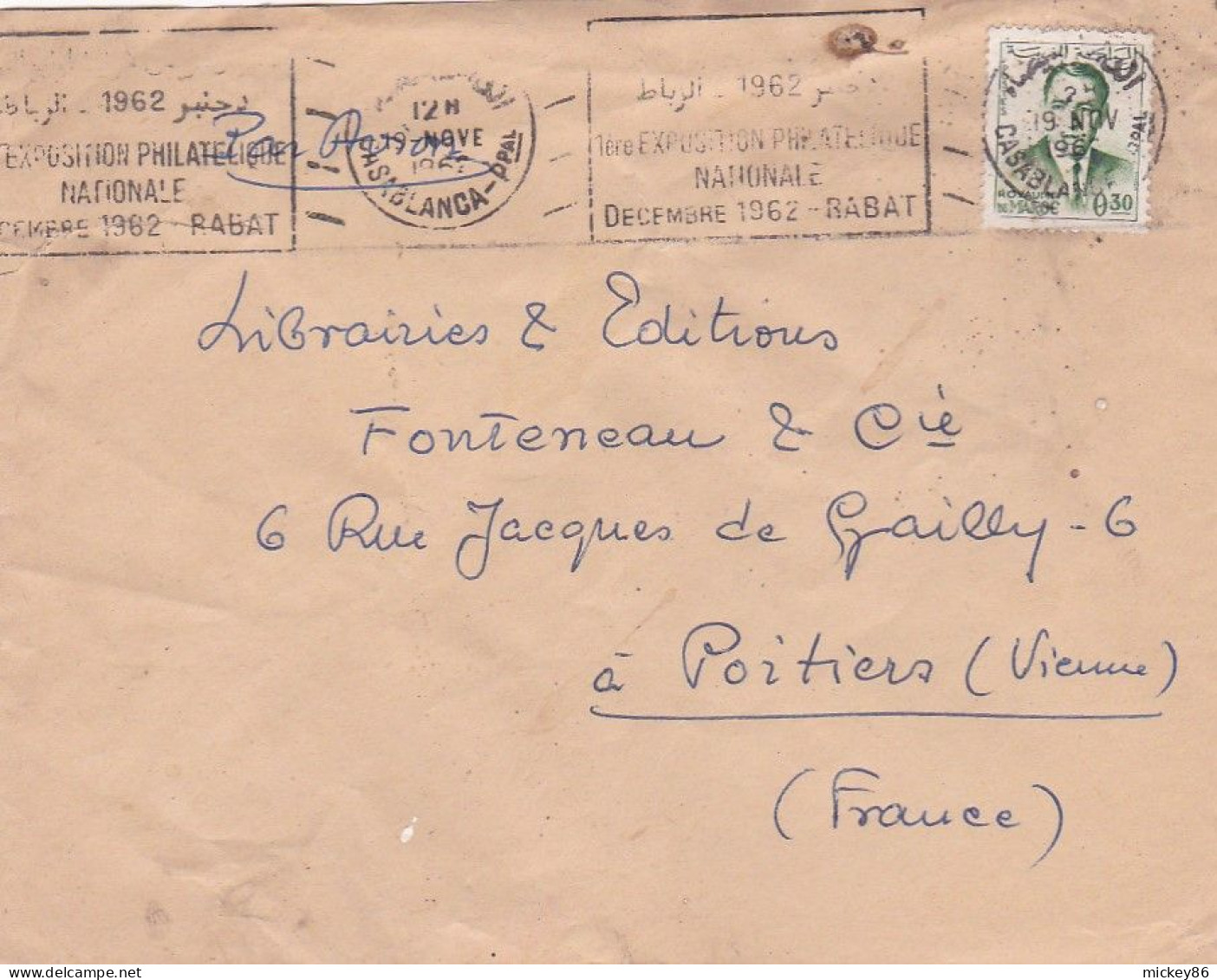 Maroc --1962-- Lettre  CASABLANCA  Pour POITIERS-86 (France)....timbre Seul Sur Lettre..cachet EXPO Phil.. Rabat. - Marruecos (1956-...)