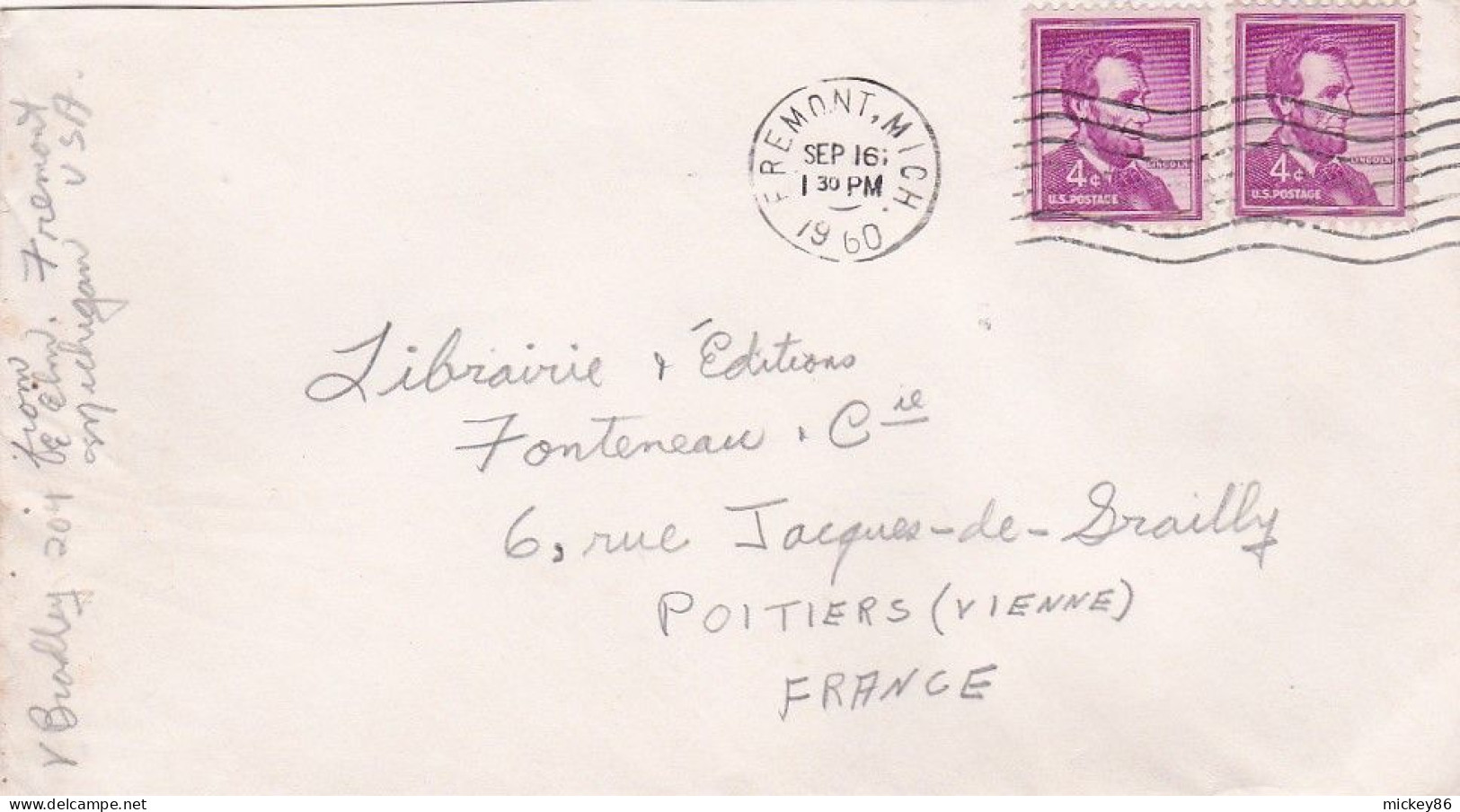 Etats-Unis--1960 - Lettre FREMONT (Mich) Pour POITIERS-86 (France)....timbres Sur Lettre.....cachet - Briefe U. Dokumente