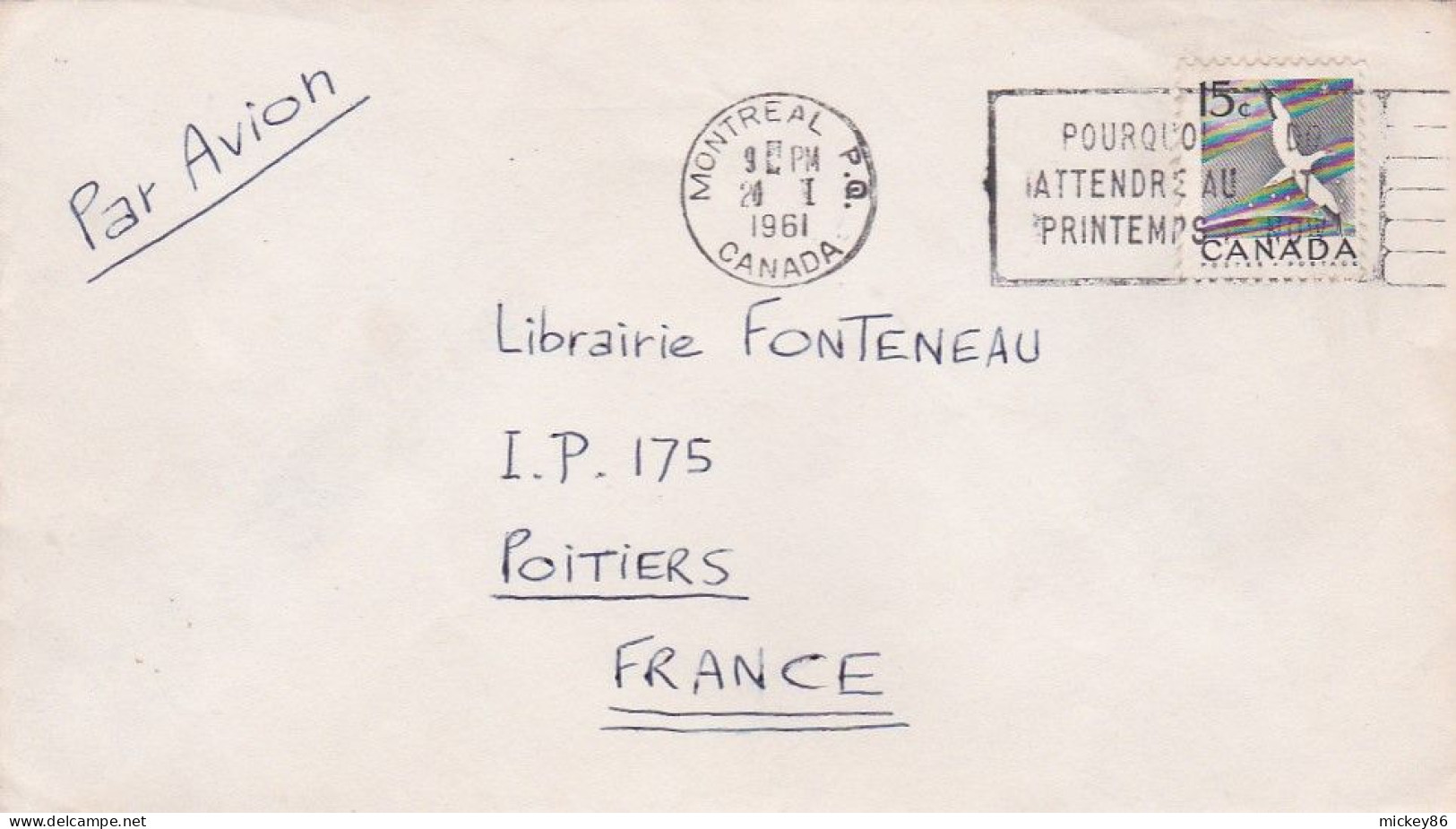 Canada --1961 - Lettre MONTREAL  Pour POITIERS-86 (France)....timbre Seul Sur Lettre.....cachet - Briefe U. Dokumente