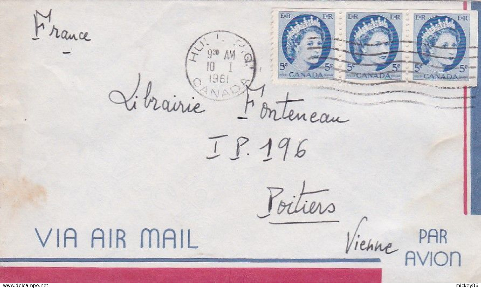 Canada --1961 - Lettre HULL  Pour POITIERS-86 (France)....timbres  Sur Lettre.....cachet   10-1-61 - Cartas & Documentos