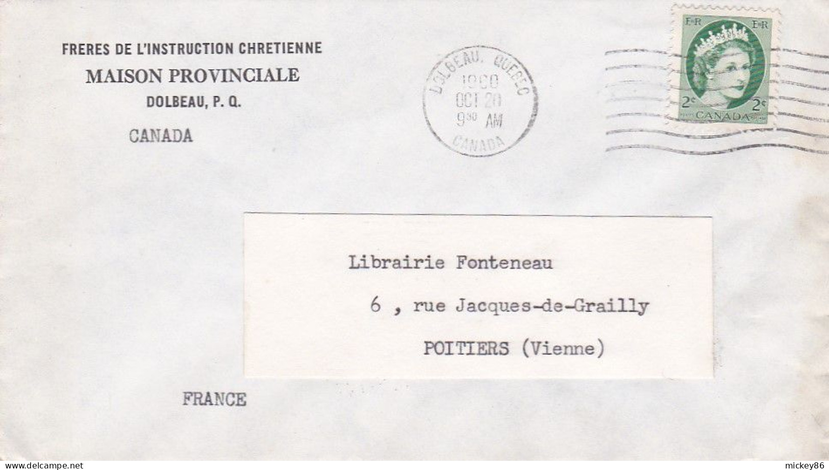 Canada --1960 - Lettre DOLBEAU  Pour POITIERS-86 (France)....timbre Seul  Sur Lettre.....cachet   20-10-60 - Cartas & Documentos