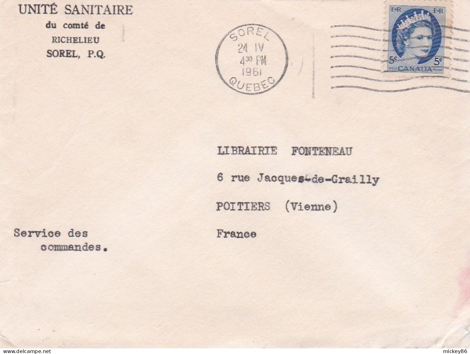 Canada --1961 - Lettre  SOREL   Pour POITIERS-86 (France)....timbre Seul  Sur Lettre.....cachet   24-4-61 - Briefe U. Dokumente