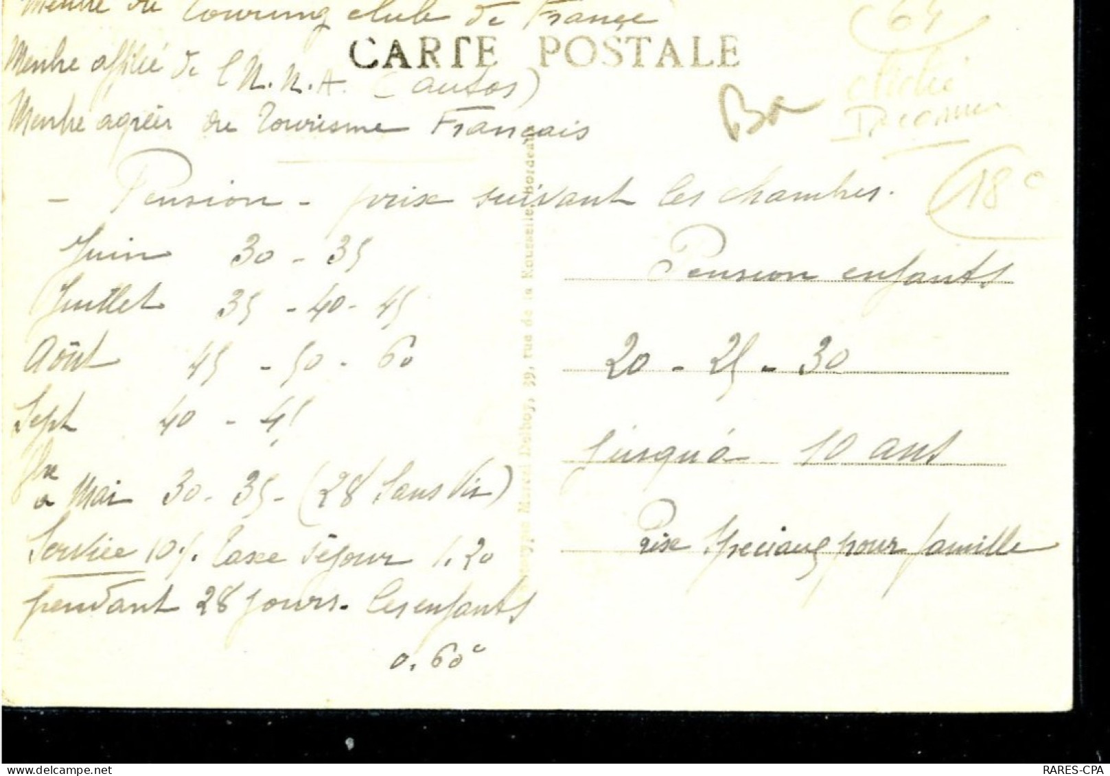 64 GUETHARY - PENSION DE FAMILLE DE CLUGNY - OHATZE ONA  -  - état - Guethary