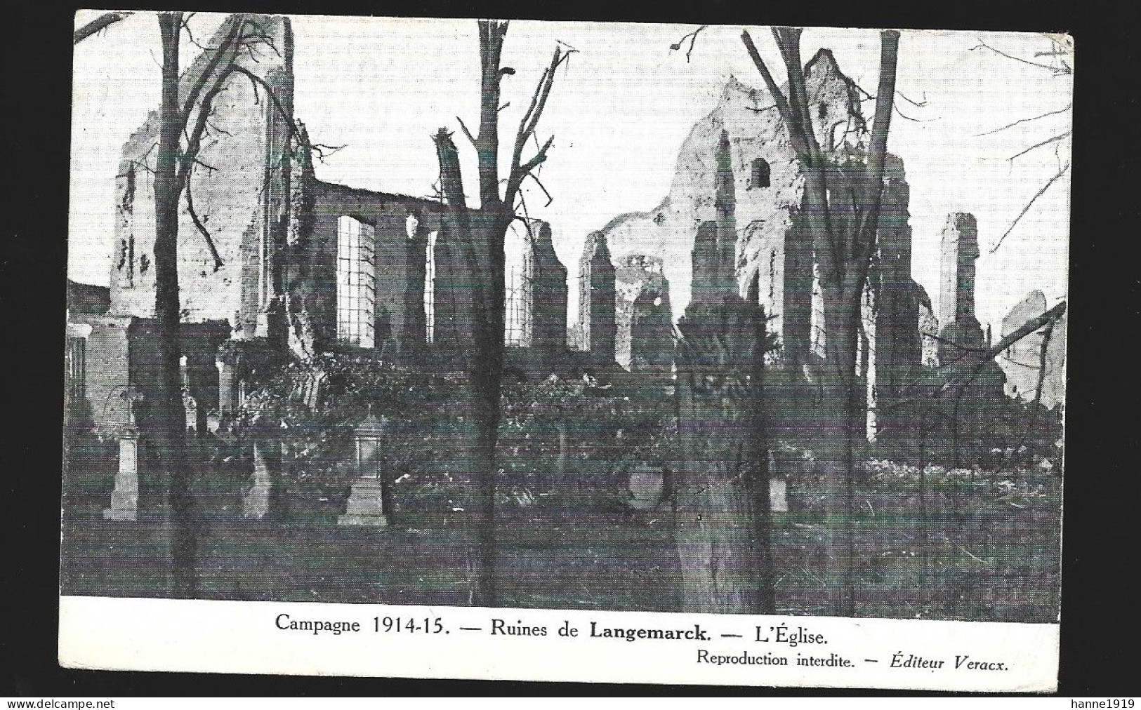 Langemark Poelkapelle Campagne Guerre 1914 Ruines Eglise Briefstempel 1920 Gent Htje - Langemark-Pölkapelle