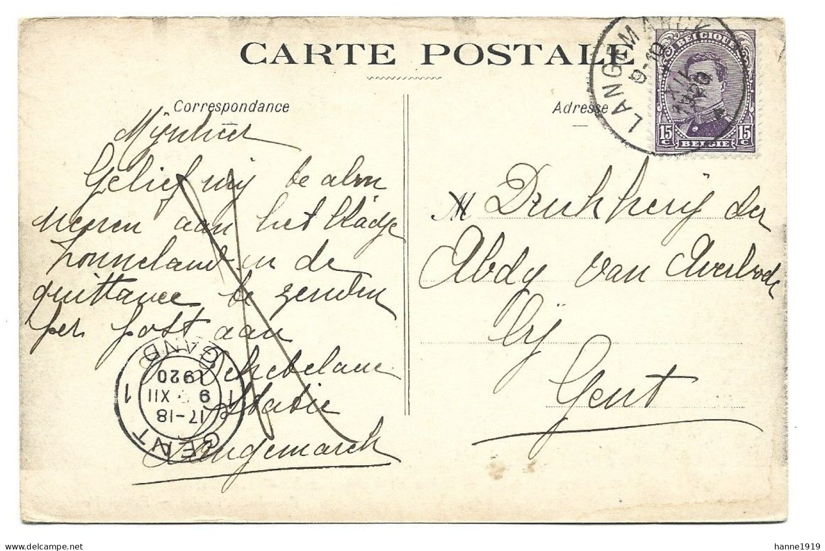 Langemark Poelkapelle Campagne Guerre 1914 Ruines Eglise Briefstempel 1920 Gent Htje - Langemark-Pölkapelle