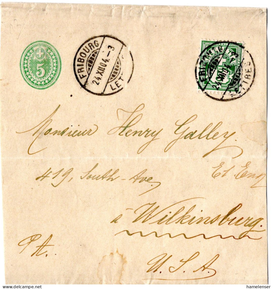 73244 - Schweiz - 1904 - 5Rp GAStreifband M ZusFrankatur FRIBOURG -> Wilkinsburg, PA (USA) - Cartas & Documentos