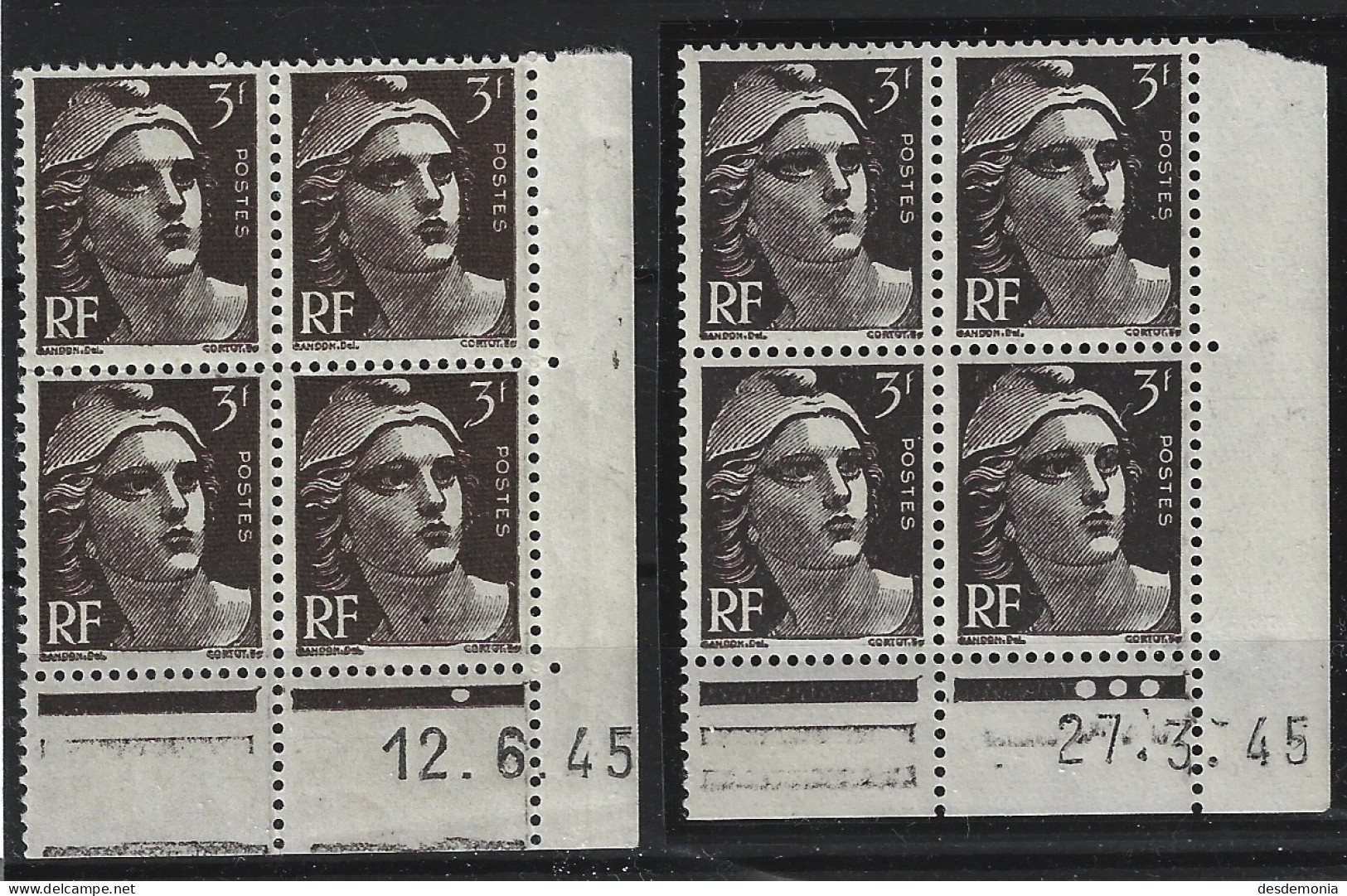 France Yvert 715c ** Marianne De Gandon 3I Paire De Galvano Coin Daté Du 27,3,45 Noir 12,6,45 Brun Foncé / Papier Crème - Unused Stamps