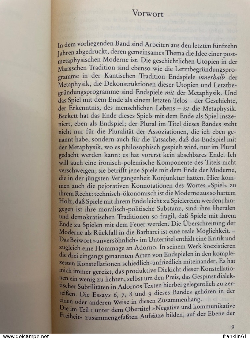 Endspiele: die unversöhnliche Moderne : Essays und Vorträge.