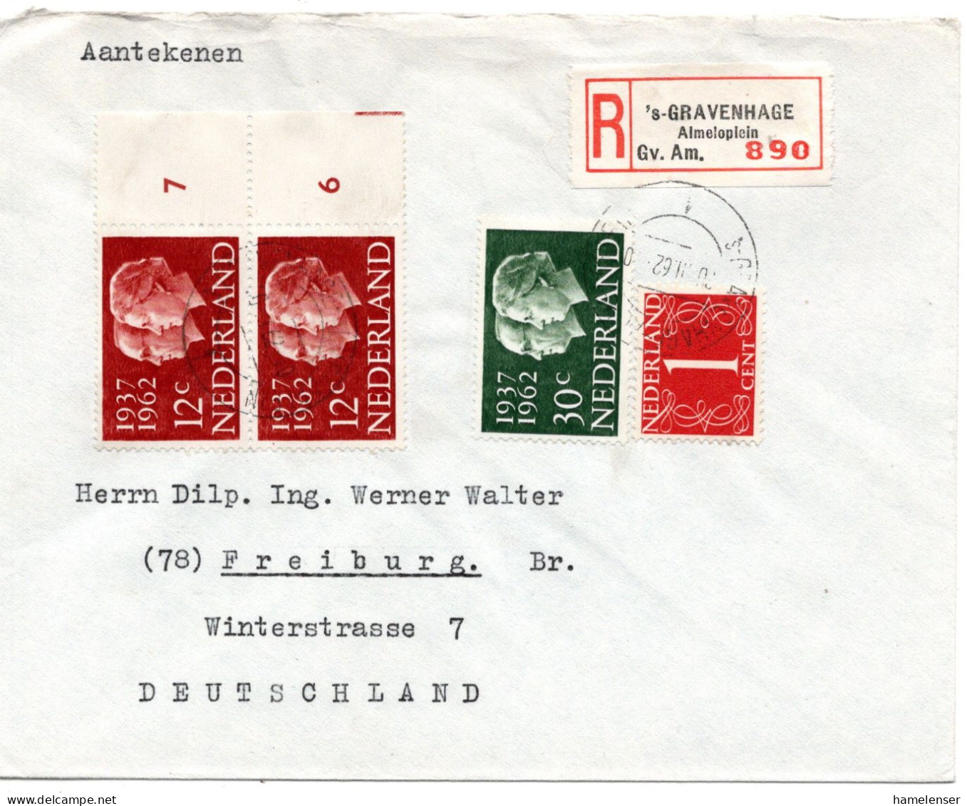 73249 - Niederlande - 1962 - 30c Silberhochzeit MiF A R-Bf 'S-GRAVENHAGE -> Westdeutschland - Covers & Documents