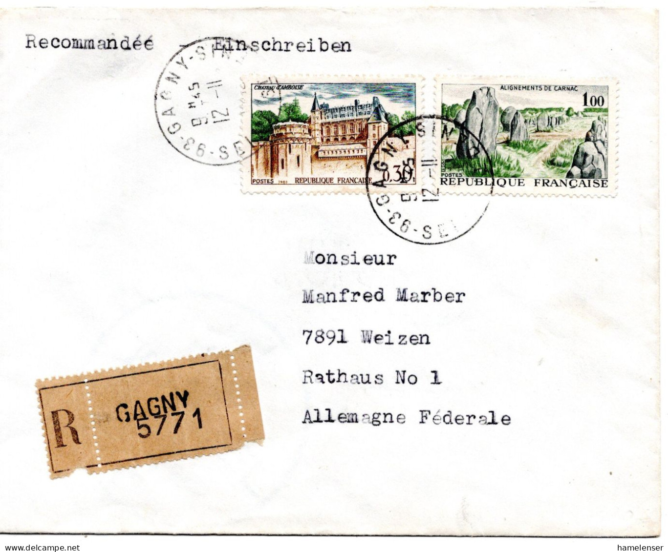 73250 - Frankreich - 1965 - 1,00F Carnac MiF A R-Bf GAGNY -> Westdeutschland - Storia Postale