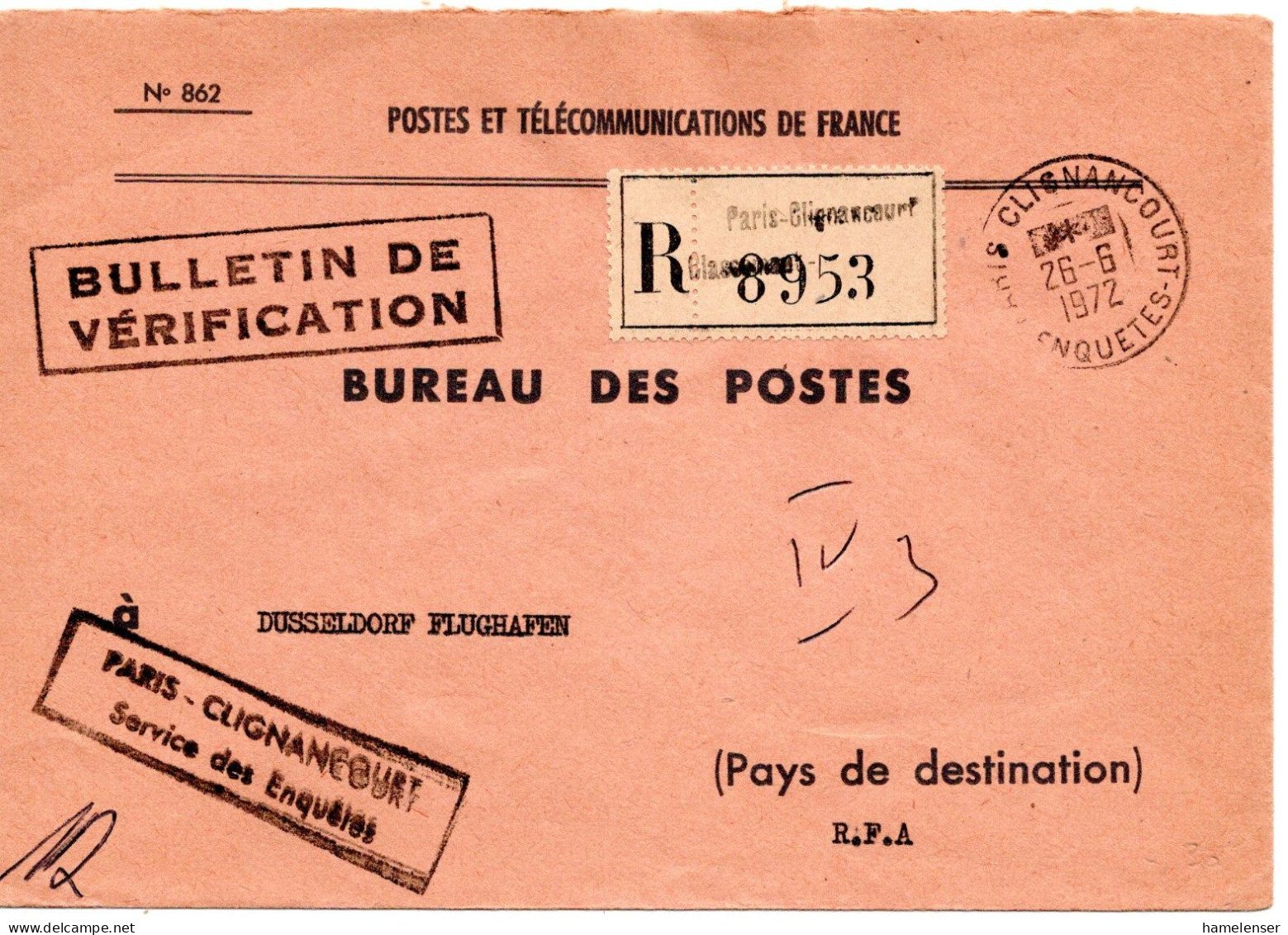 73253 - Frankreich - 1972 - R-Postdienstumschlag PARIS -> Westdeutschland - Storia Postale