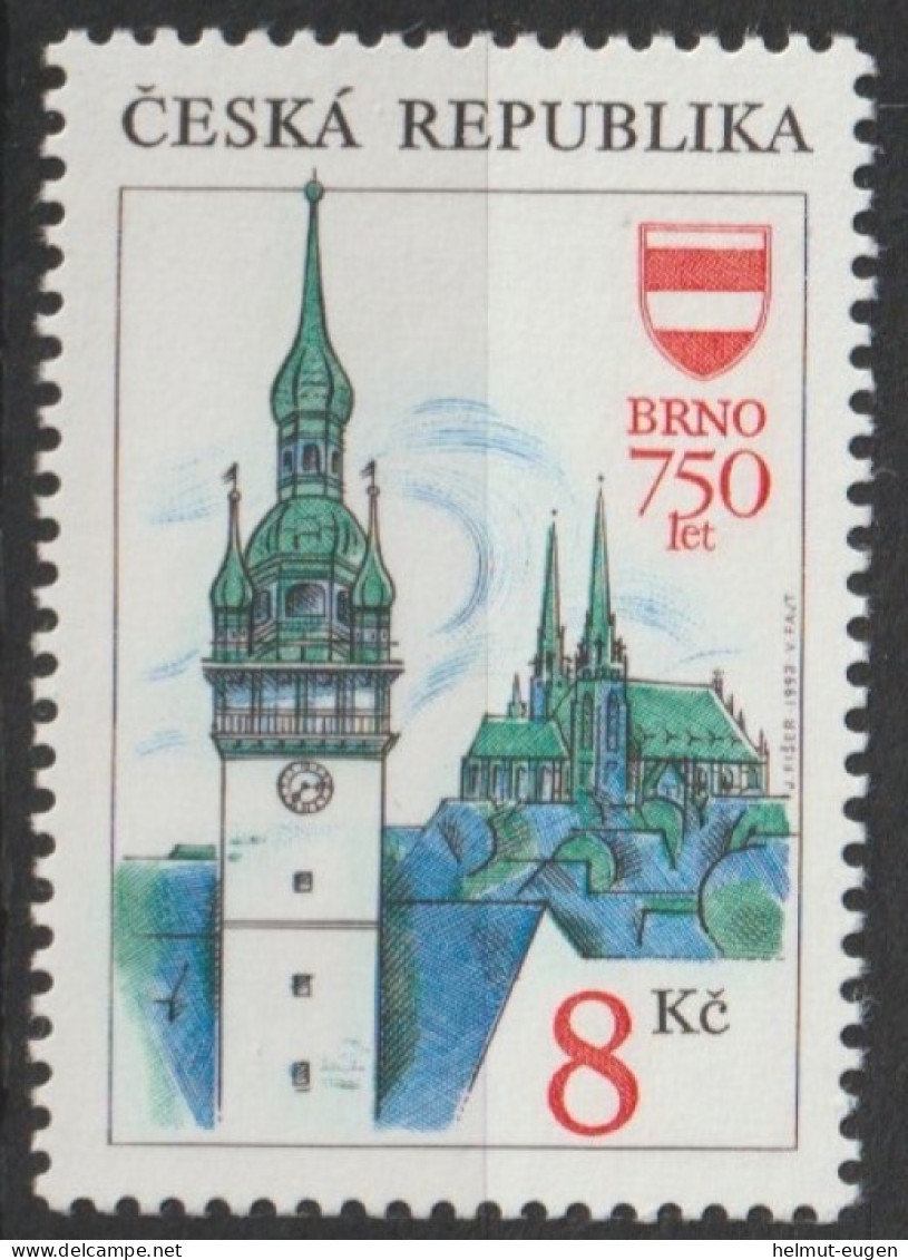 MiNr. 9 Tschechische Republik    1993, 16. Juni. Schönheiten Der Heimat: 750 Jahre Stadt Brünn. - Ungebraucht