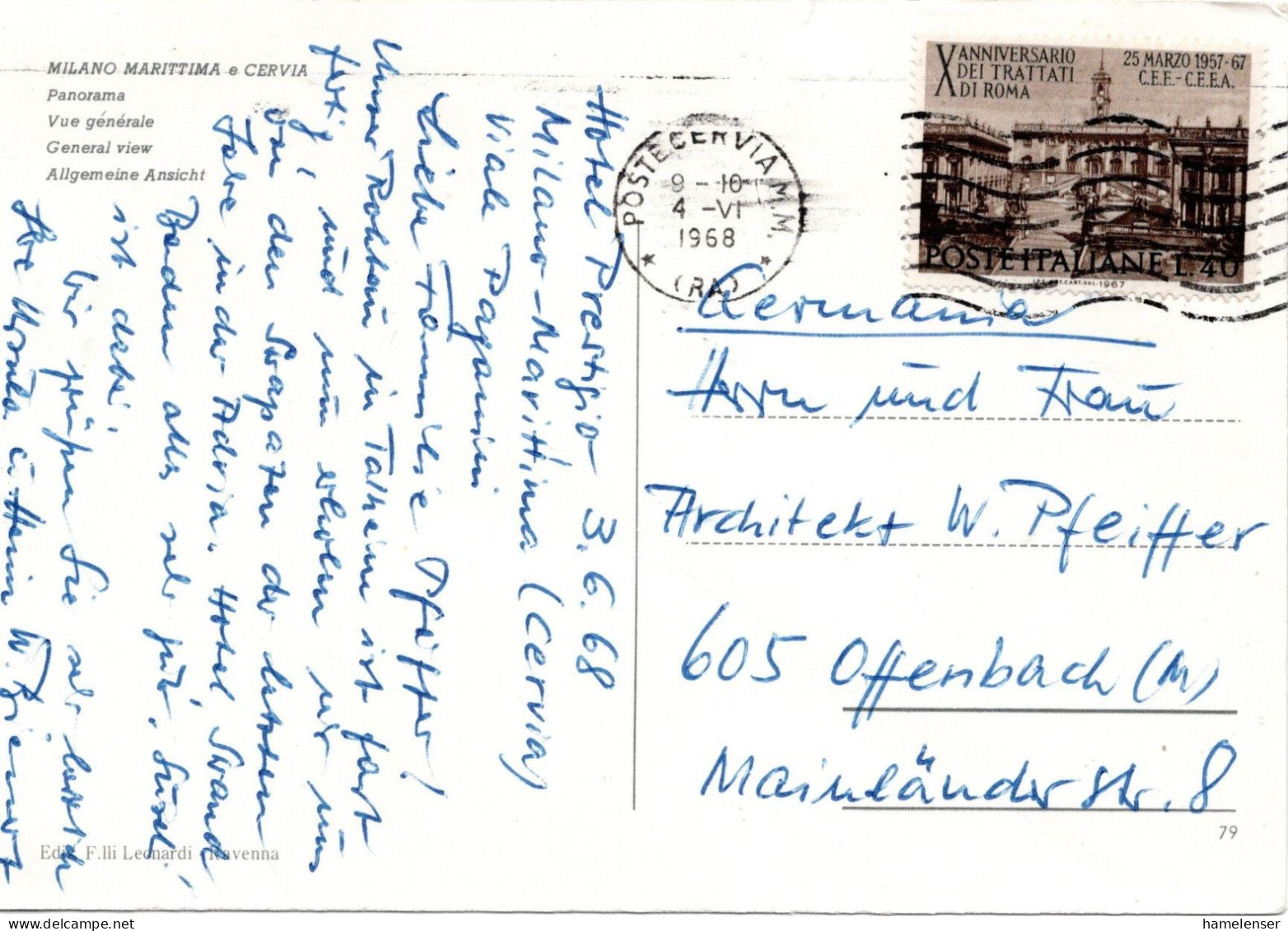 73256 - Italien - 1968 - 40L Roemische Vertraege EF A AnsKte CERVIA -> Westdeutschland - 1961-70: Storia Postale