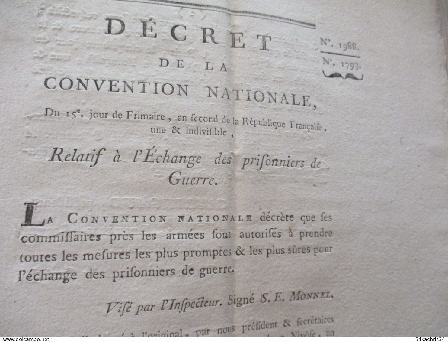 Révolution Décret Convention Nationale 15 Frimaire An II Relatif à L'échange Des Prisonniers De Guerre - Wetten & Decreten