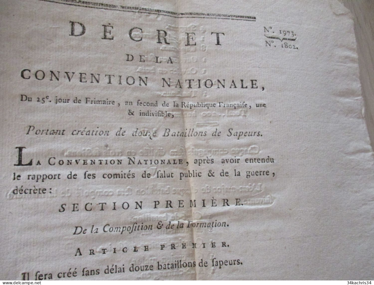 Révolution Décret Convention Nationale 25 Frimaire An II Création De Douze Bataillons De Sapeurs - Wetten & Decreten