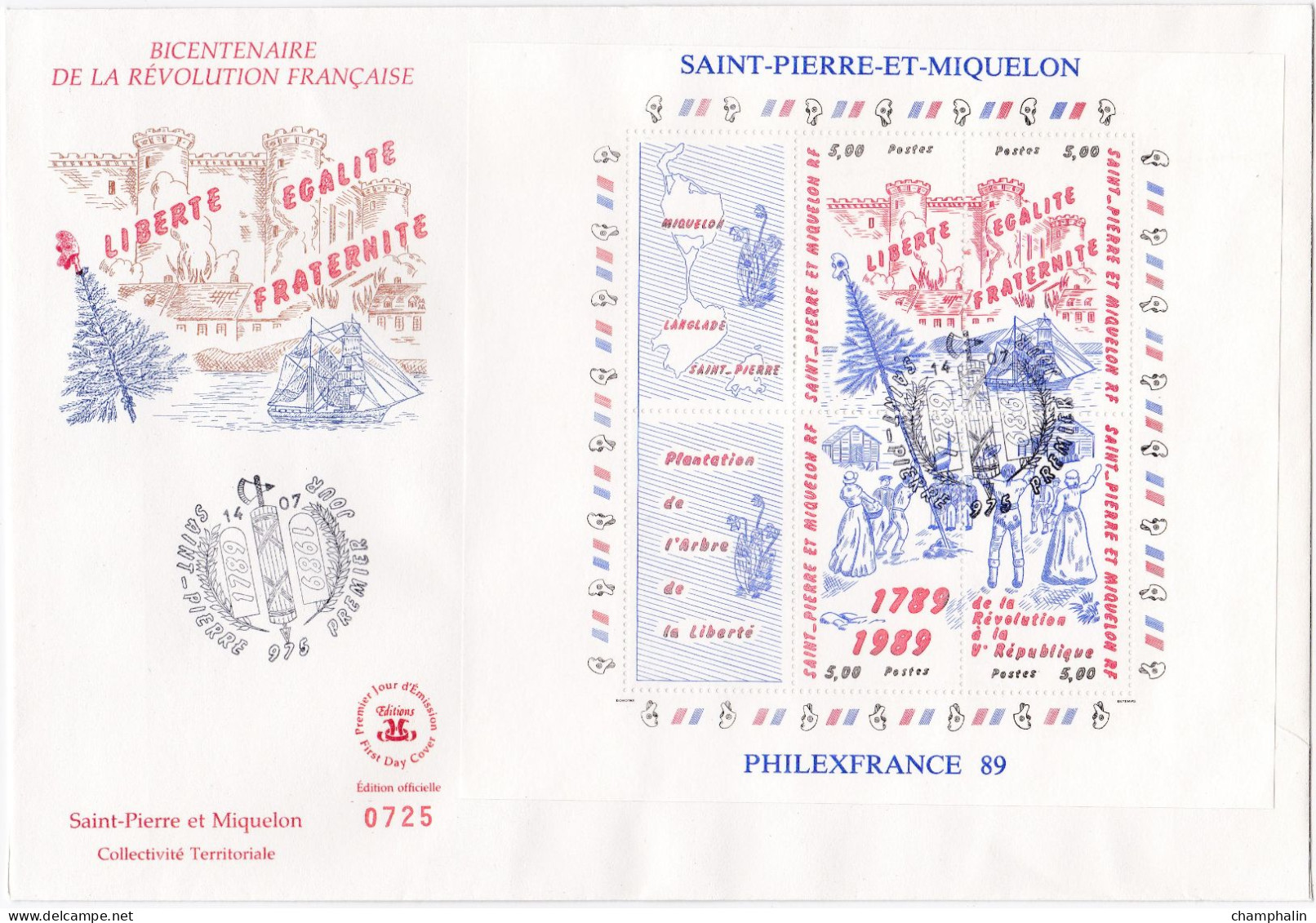Saint-Pierre & Miquelon - Enveloppe FDC Bicentenaire Révolution Française - CAD 14 Juillet 1989 - Timbre YT Bloc N°3 - FDC
