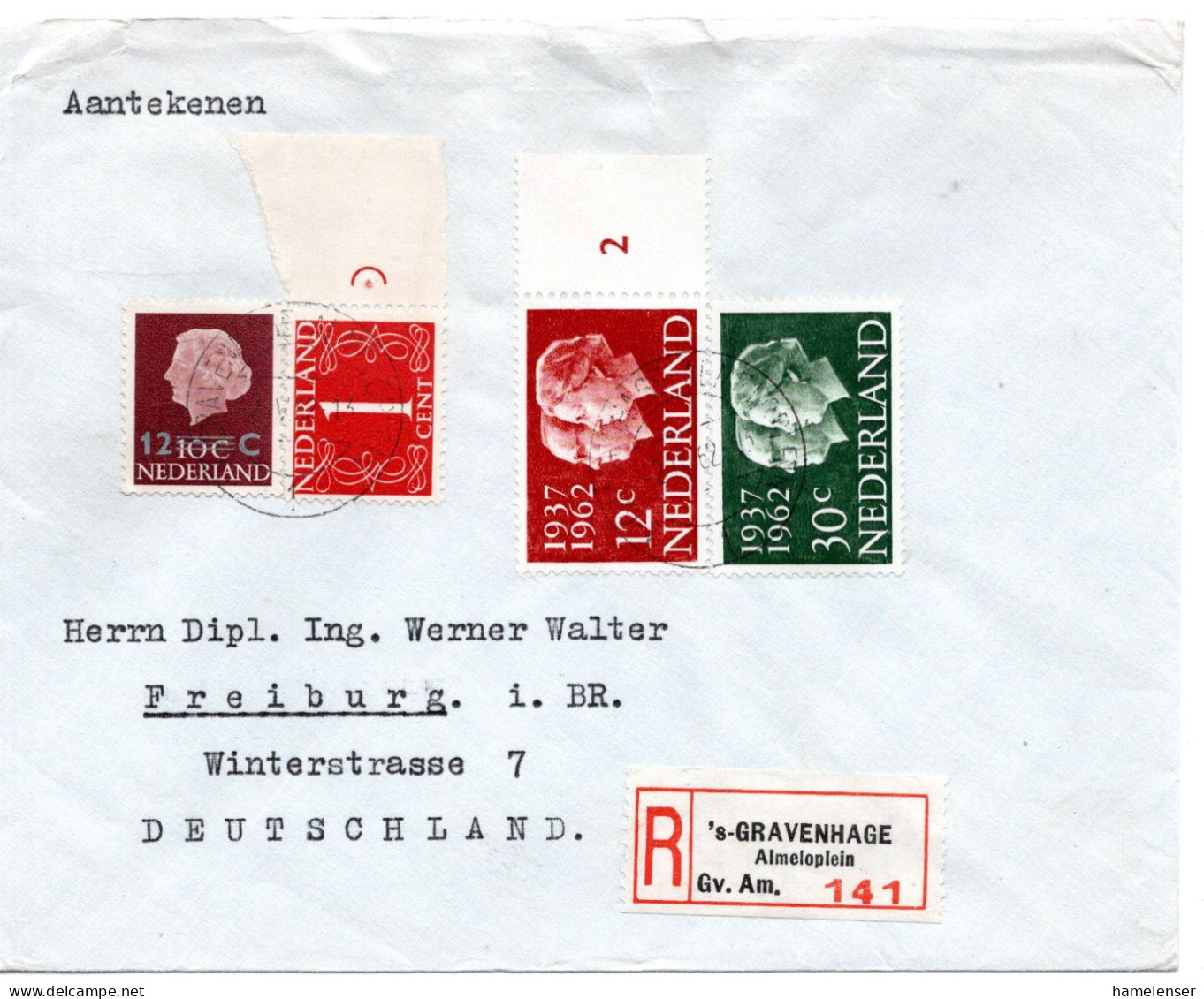 73259 - Niederlande - 1962 - 30c Silberhochzeit MiF A R-Bf 'S-GRAVENHAGE -> Westdeutschland - Covers & Documents