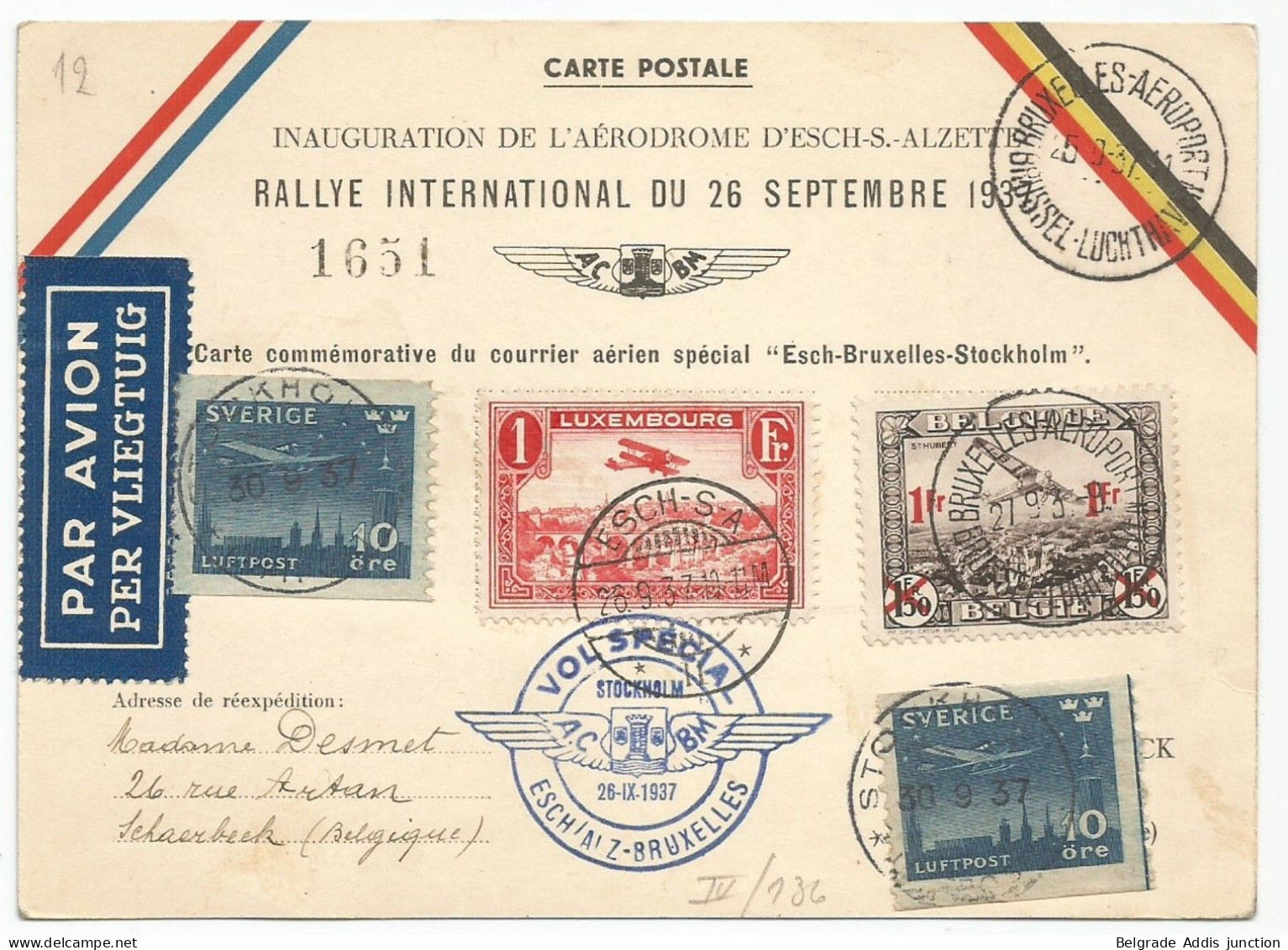 Luxembourg Luxemburg Belgique Belgium Sweden Airmail Postcard 1937 Esch - Stockholm - Brieven En Documenten