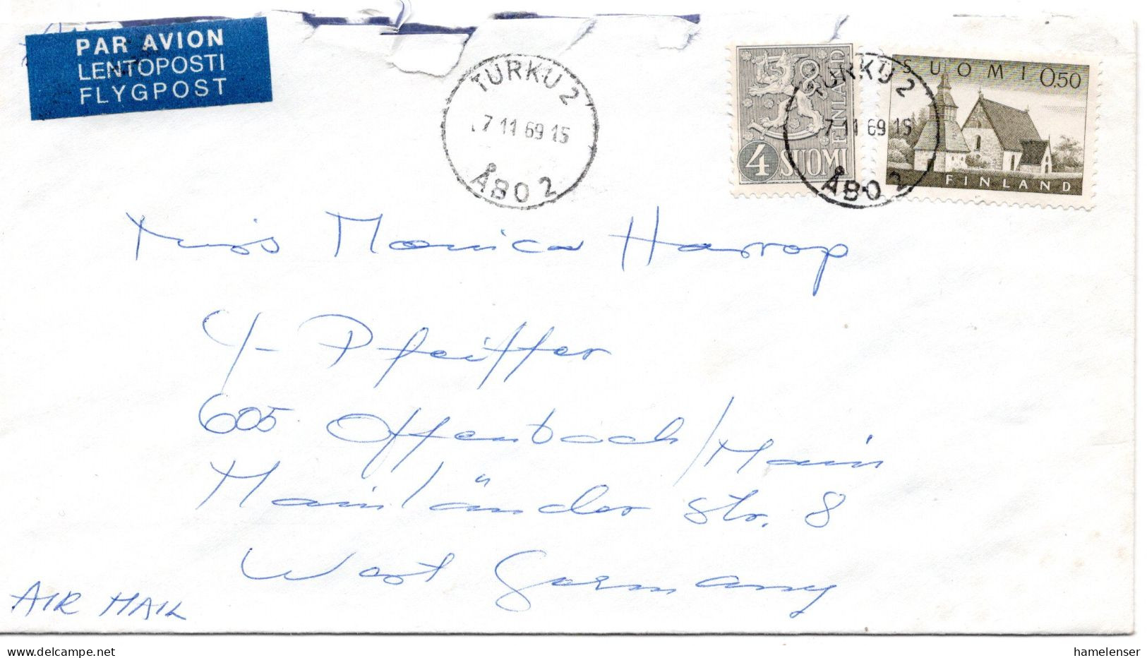 73260 - Finnland - 1969 - 0,50Mk Kirche MiF A LpBf (kl Mgl O) TURKU -> Westdeutschland - Cartas & Documentos