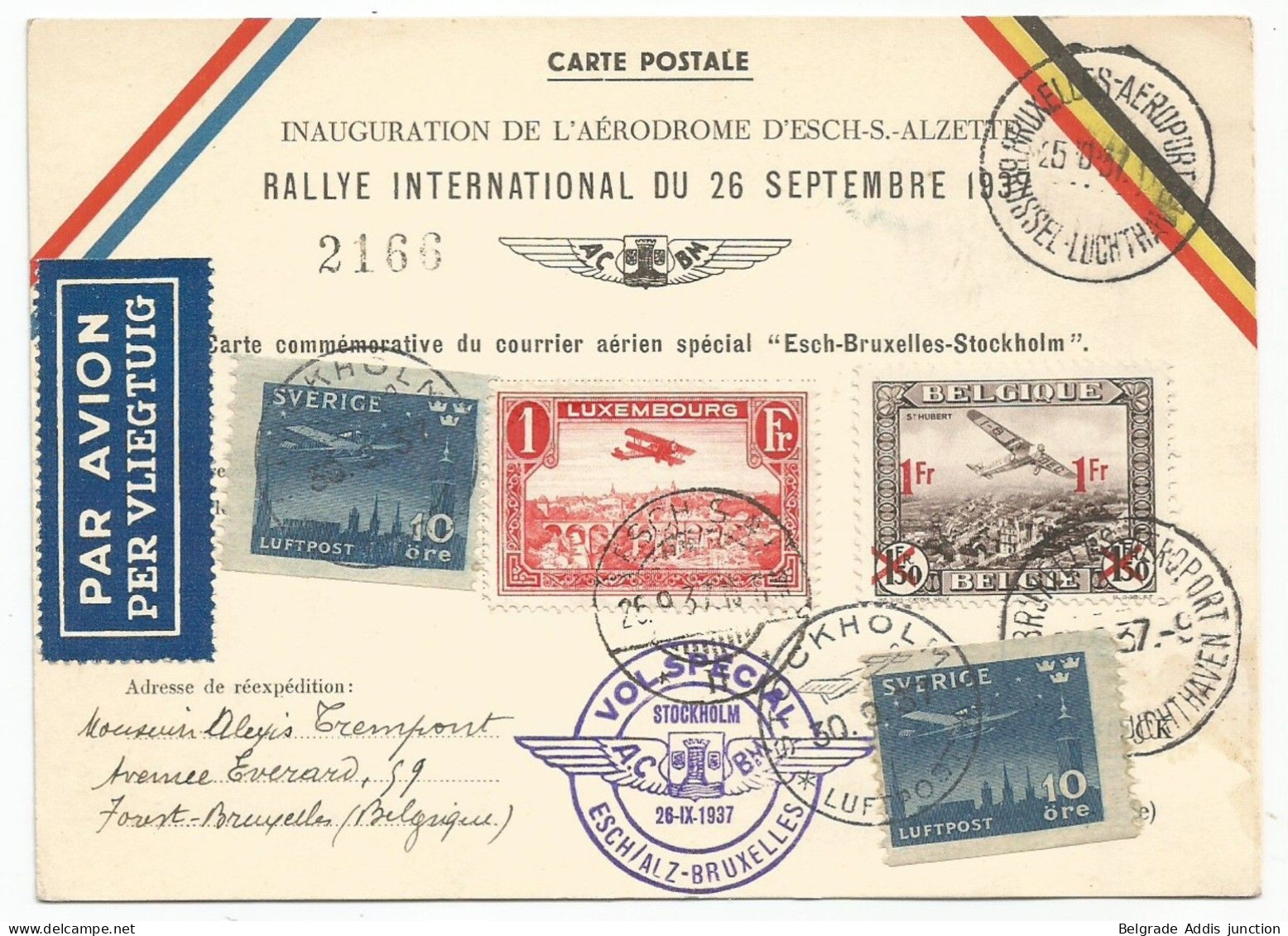 Luxembourg Luxemburg Belgique Belgium Sweden Airmail Postcard 1937 Esch - Stockholm - Briefe U. Dokumente