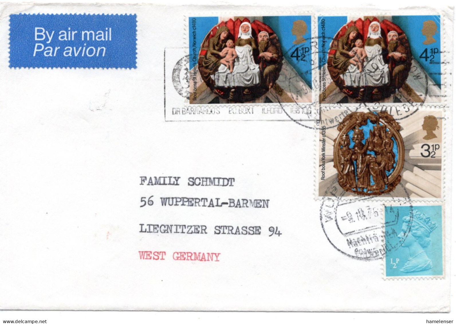 73262 - Grossbritannien - 1975 - 2@4,5p Weihnachten MiF A LpBf HOUNSLOW - ... -> WUPPERTAL - NACHTRAEGLICH ... (BRD) - Lettres & Documents