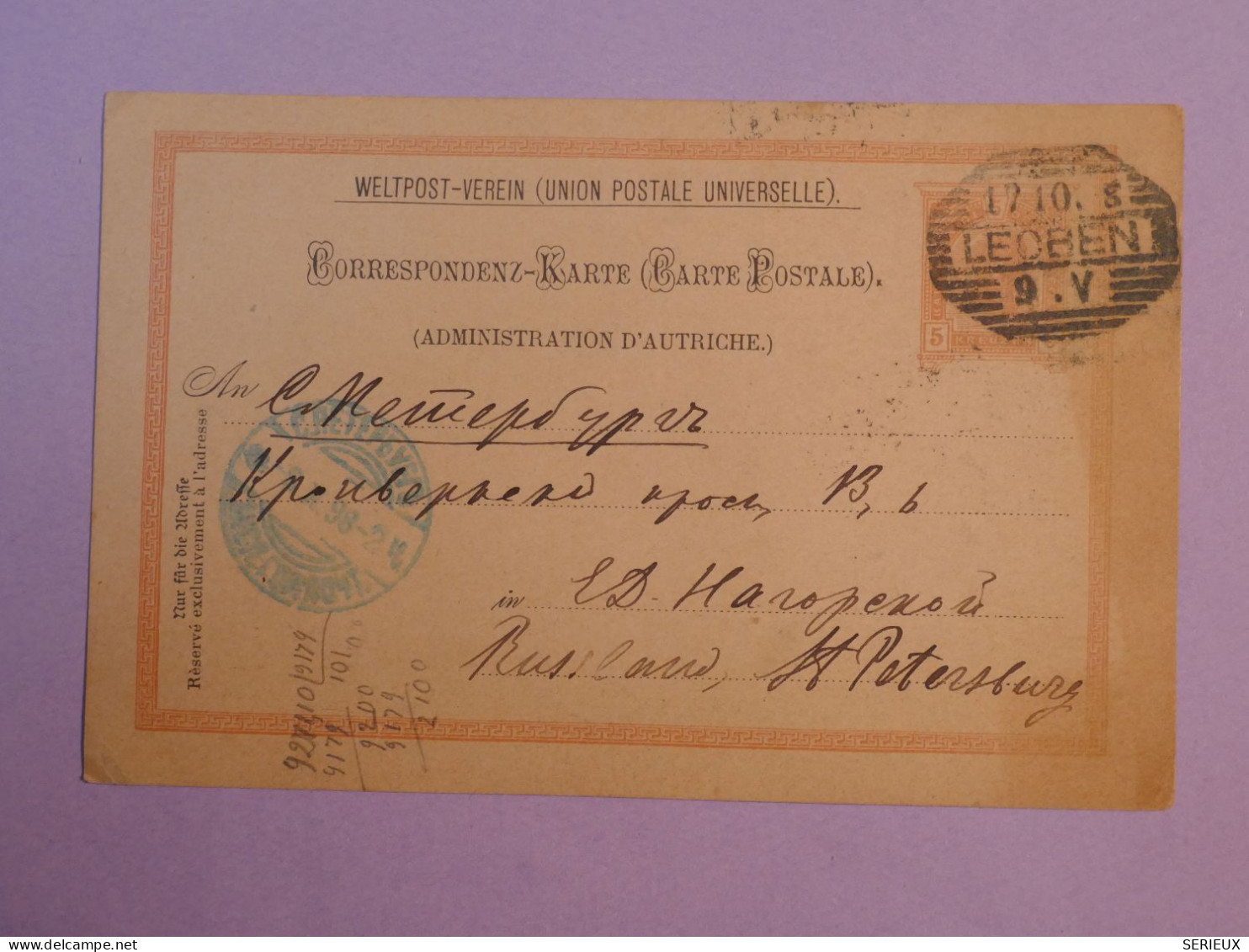 AS0 AUTRICHE NT BELLE CARTE ENTIER   1907 LEOBEN A ST PETERSBOURG RUSSIE +  ++AFF. INTERESSANT++ - Cartes-lettres