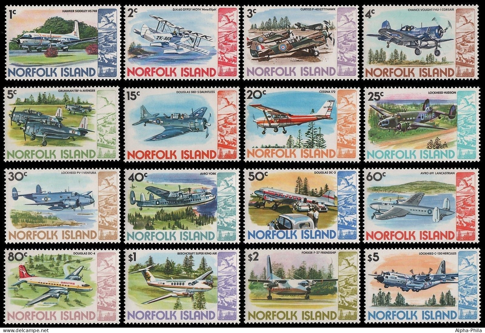 Norfolk-Insel 1980 - Mi-Nr. 239-254 ** - MNH - Flugzeuge / Airplanes - Norfolk Island