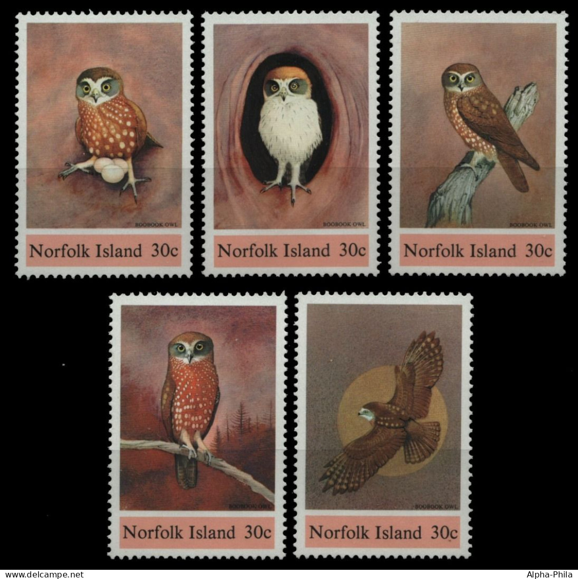 Norfolk-Insel 1984 - Mi-Nr. 339-343 ** - MNH - Einzeln - Eulen / Owls - Norfolk Island