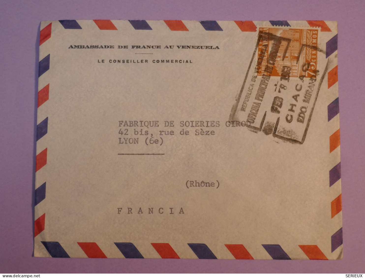 AS0 VENEZUELA   BELLE LETTRE AMBASSADE   1963   CHACAO A LYON FRANCE  +AFF. INTERESSANT++ - Venezuela