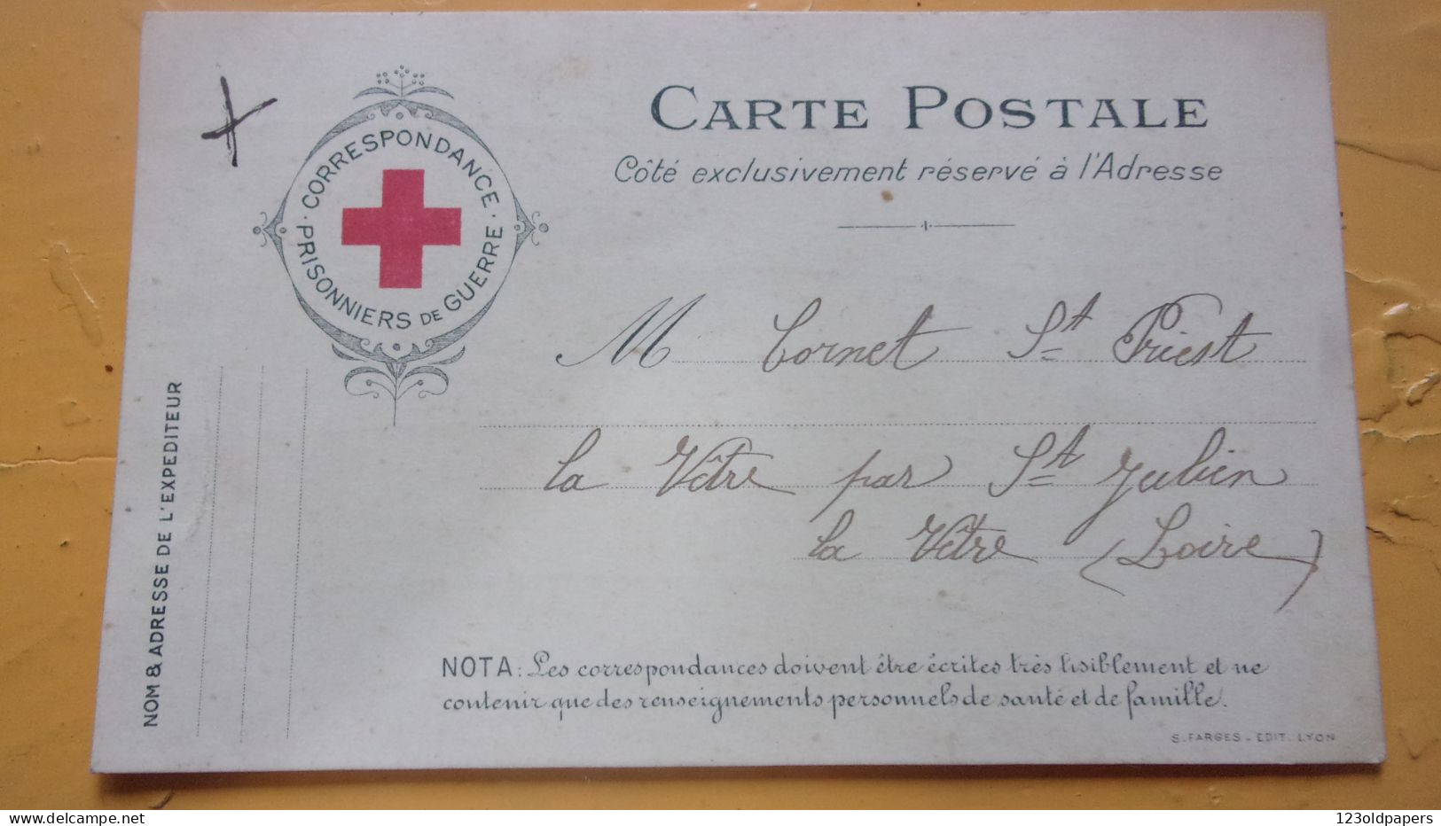 WWI CROIX ROUGE AGENCE  CORRESPONDANCE PRISONNIER JOHANNES CORNET 159 EME INF WITTEMBERG SAXE ST JULIEN LOIRE - Red Cross