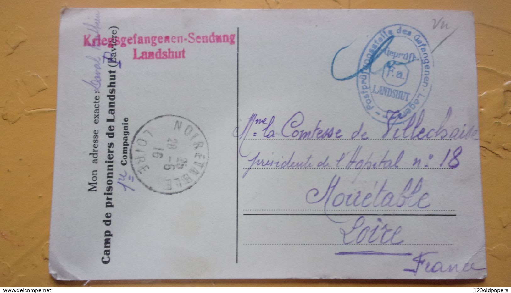 WWI LANDSHUT KRIEGSGEFANGENENDUNG COMITE SECOURS COMTESSE DE VILLECHAISE NOIRETABLE - Prisoners Of War Mail