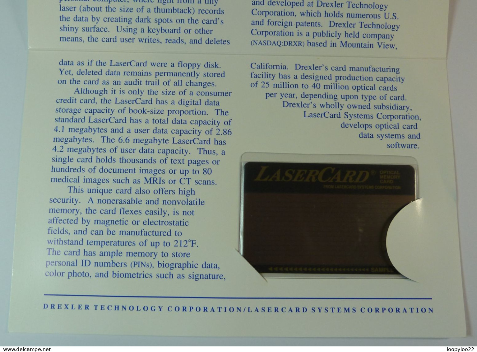 USA - UK - LaserCard Systems - Sample Laser Card - Optical Memory - In Original Folder - Sonstige & Ohne Zuordnung