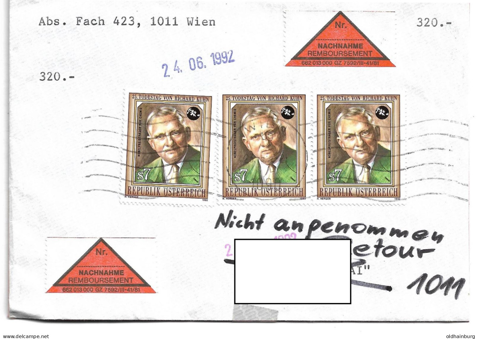 1199u: Österreich 1992, Richard Kuhn, Chemie- Nobelpreisträger, Nachnahme- Mehrfachfrankatur - Chimie