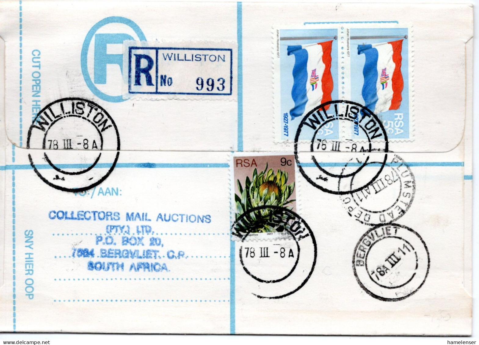 73267 - Südafrika - 1978 - 2@5c Nationalflagge MiF A R-Bf WILLISTON -> PLUMSTEAD DEPOT -> BERGVLIET - Lettres & Documents