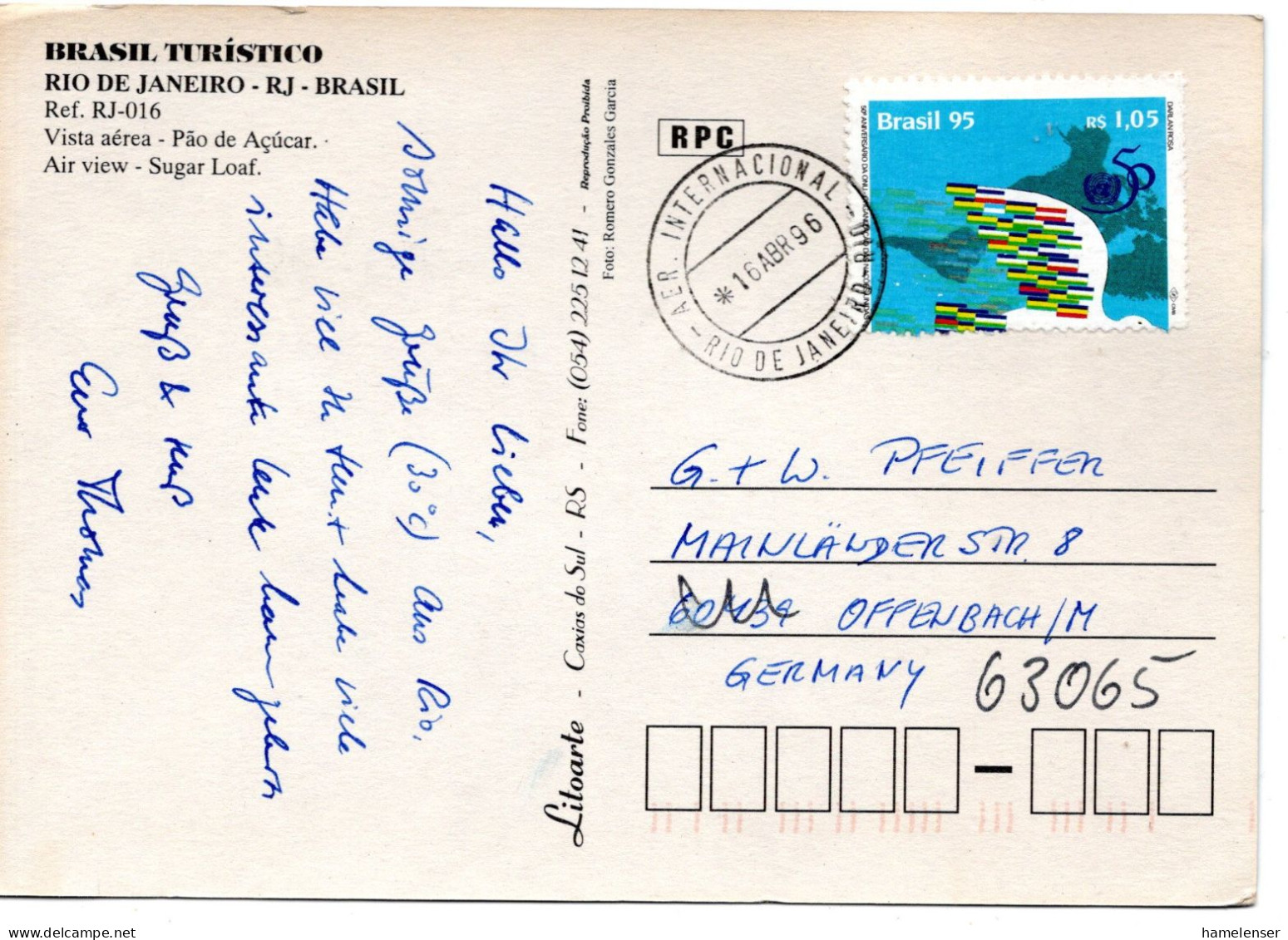 73269 - Brasilien - 1996 - R$1,05 50 Jahre UNO EF A AnsKte RIO DE JANEIRO -> Deutschland - ONU