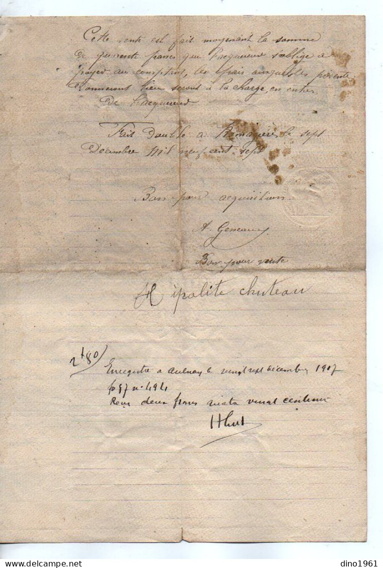 VP22.744 - Acte De 1907 - Vente De Terre Sise à ROMAZIERES Par Mme Veuve CHATEAU à M. GENEAU - Manuscrits