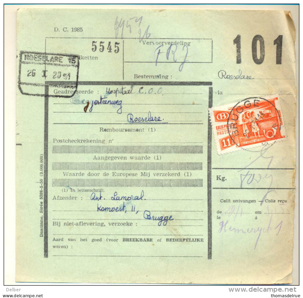 4v773 : N° 322: Op D.C.1985: Postkantoor:  BRUGGE  B4B  .26.1.1-51  > ROESELARE  15 // _____ - Autres & Non Classés