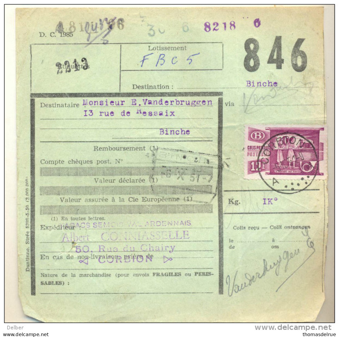 4v-786  : D.C.1985: N° 325: A CORBION A   5-10-51: Postkantoor > BINCHE // N°2 - Autres & Non Classés