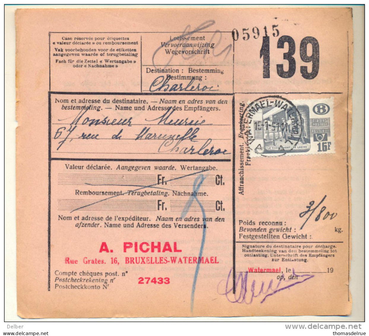 4v793 : N° 326 : WATERMAEL- WATERMAAL A__A  15-1-51: Poststempel > CHARLEROI//FACTAGE G.V. - Autres & Non Classés